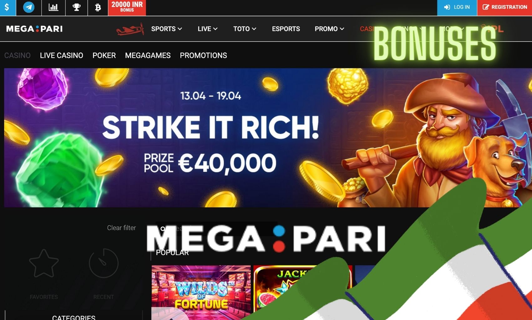 Megapari site bonuses for players from India